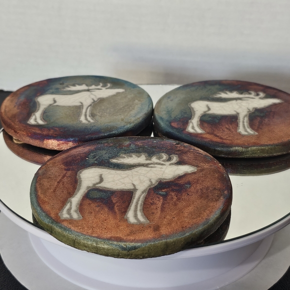 Raku Art Pottery Coasters Signed Jeremy Diller Set of 3 Raku Elk 🦌 - Picture 10 of 10
